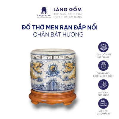 Bát hương, bát nhang, lư hương men rạn đắp nổi họa tiết rồng tinh xảo (CÓ CHÂN ĐẾ)