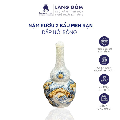 Nậm Rượu 2 Bầu Men Rạn Đắp Nổi Họa Tiết Sen, Rồng