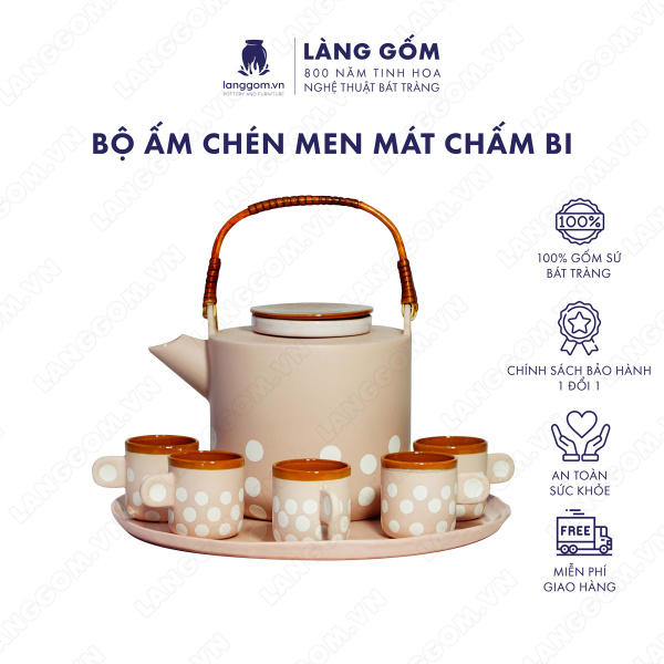 Bộ ấm chén màu hồng chấm bi