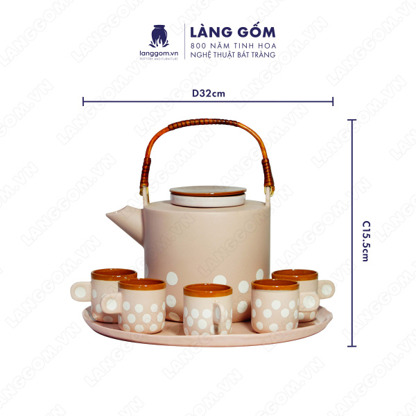 Bộ ấm chén màu hồng chấm bi