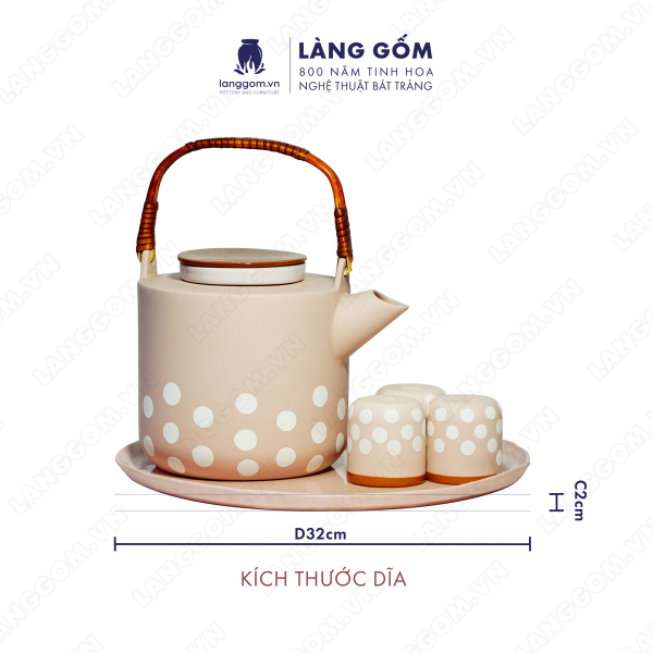 Bộ ấm chén màu hồng chấm bi