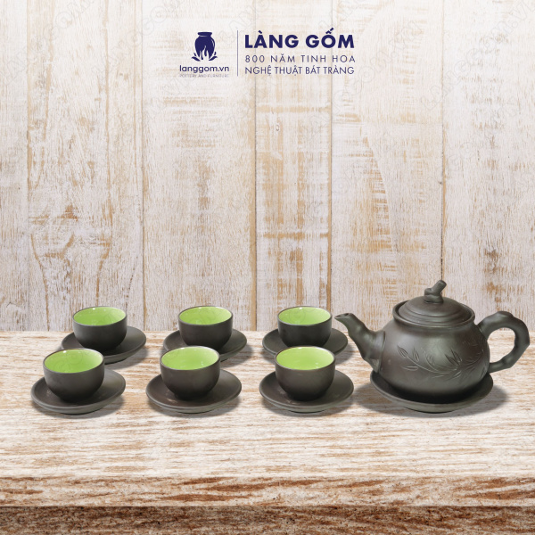 Bộ ấm chén Men mộc khắc trúc to