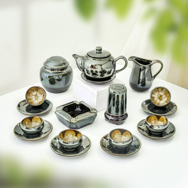 Bộ ấm chén Men hỏa biến rùa - Gốm sứ Bát Tràng