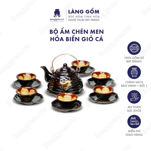 Bộ ấm chén Men hỏa biến giỏ cá - Gốm sứ Bát Tràng
