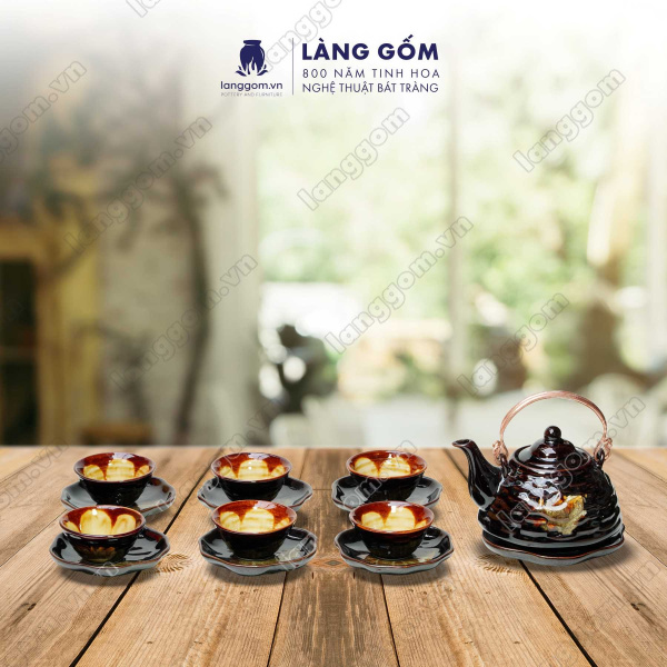 Bộ ấm chén Men hỏa biến giỏ cá - Gốm sứ Bát Tràng