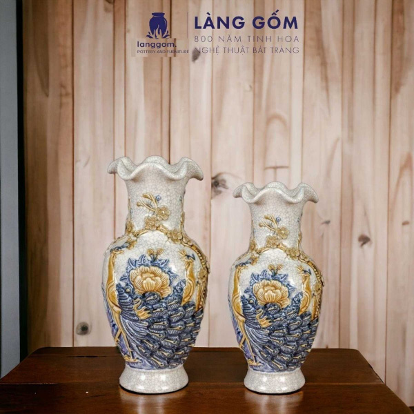 Bình hoa, lọ hoa bàn thờ miệng lượn, men rạn đắp nổi họa tiết Rồng, Chim Công Hoa Đào, Sen H24-60 cm