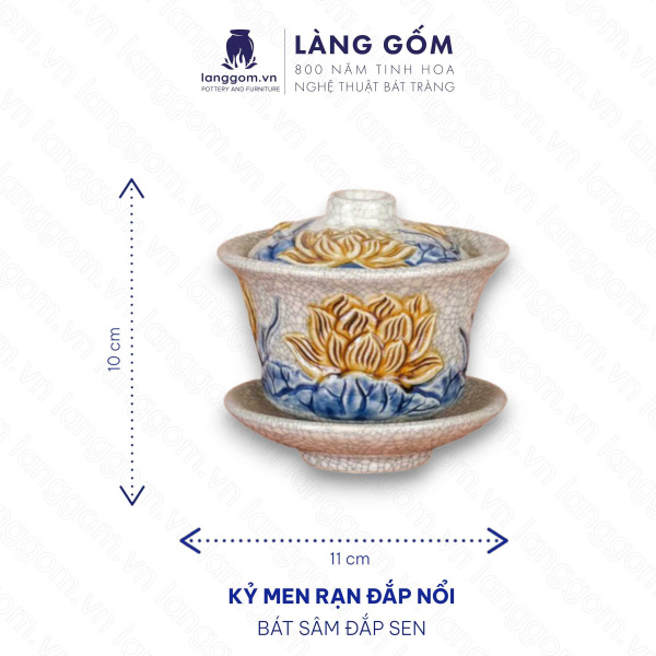 Bát sâm, bát trà, bát đựng nước thờ Men rạn đắp nổi Sen, Đào