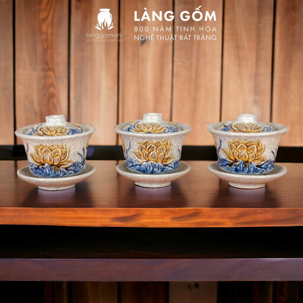 Bát sâm, bát trà, bát đựng nước thờ Men rạn đắp nổi Sen, Đào