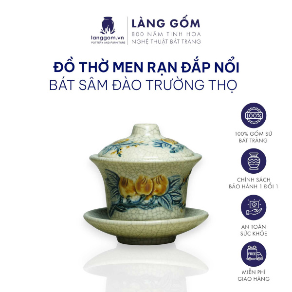 Bát sâm, bát trà, bát đựng nước thờ Men rạn đắp nổi Sen, Đào