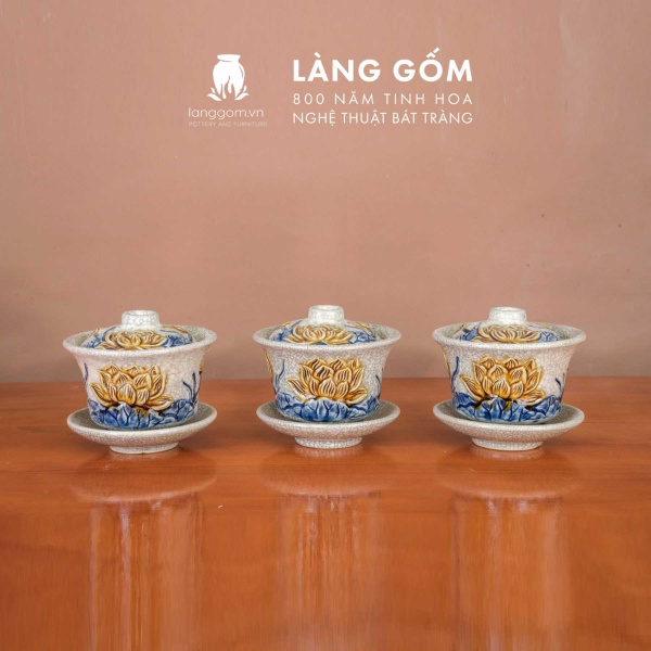 Bát sâm, bát trà, bát đựng nước thờ Men rạn đắp nổi Sen, Đào