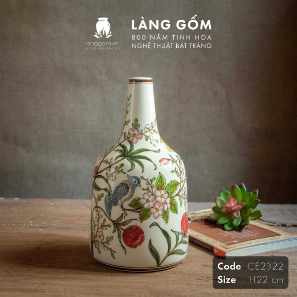 Lọ hoa vẽ tay men màu họa tiết hoa đào