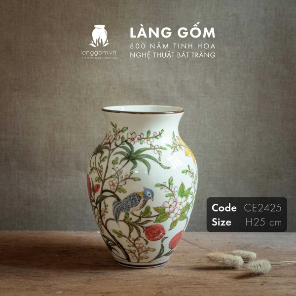 Lọ hoa vẽ tay men màu họa tiết hoa đào