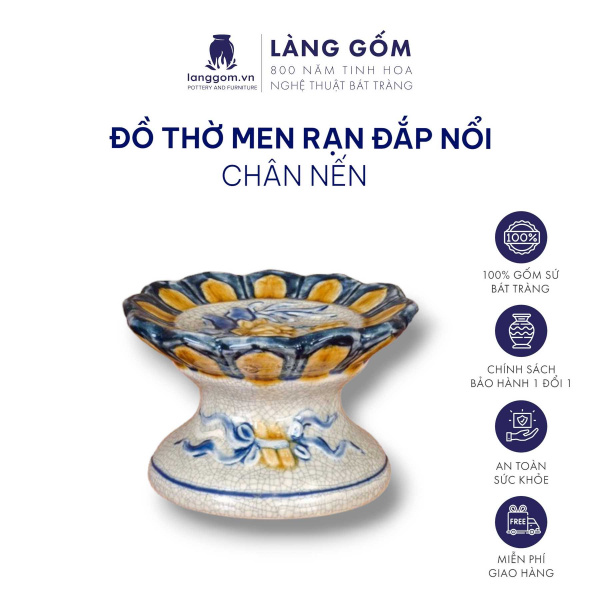 Chân Nến Thờ Cúng, Đế Cắm Nến Gốm Sứ Men Rạn Đắp Nổi