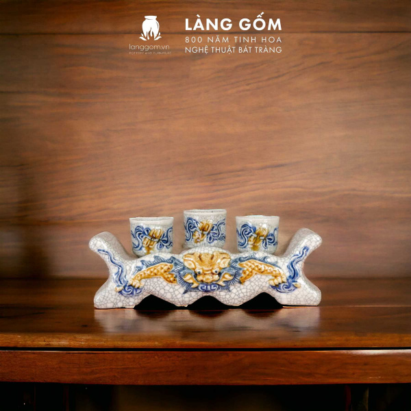 Kỷ ngai, kỷ cong, bộ ly nước thờ cúng Men rạn đắp nổi Rồng, Sen tinh xảo, bộ 3 hoặc 5 chén