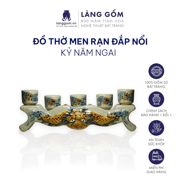 Kỷ ngai, kỷ cong, bộ ly nước thờ cúng Men rạn đắp nổi Rồng, Sen tinh xảo, bộ 3 hoặc 5 chén