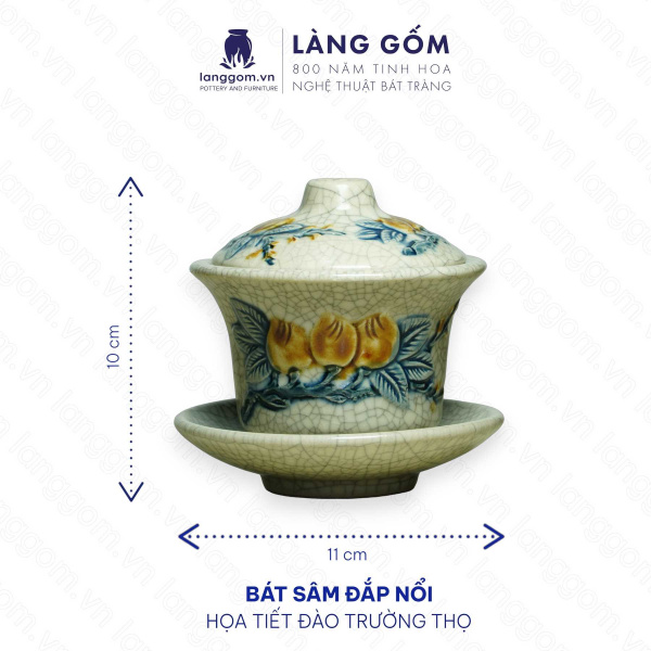 Bát sâm, bát trà, bát đựng nước thờ Men rạn đắp nổi Sen, Đào