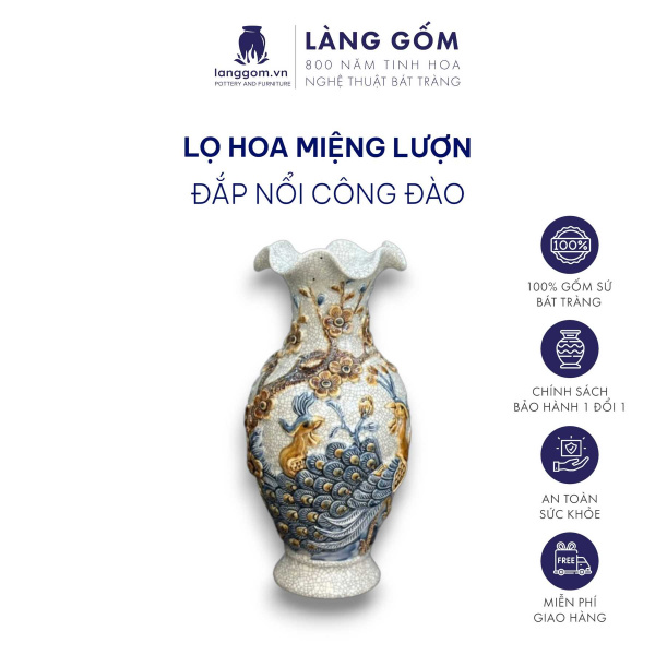 Bình hoa, lọ hoa bàn thờ miệng lượn, men rạn đắp nổi họa tiết Rồng, Chim Công Hoa Đào, Sen H24-60 cm