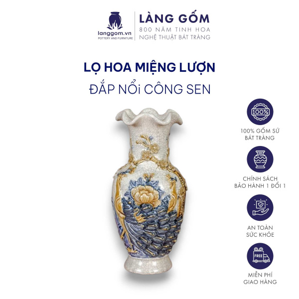 Bình hoa, lọ hoa bàn thờ miệng lượn, men rạn đắp nổi họa tiết Rồng, Chim Công Hoa Đào, Sen H24-60 cm