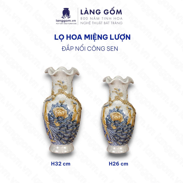 Bình hoa, lọ hoa bàn thờ miệng lượn, men rạn đắp nổi họa tiết Rồng, Chim Công Hoa Đào, Sen H24-60 cm