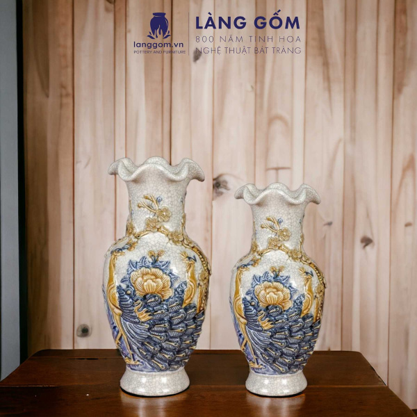 Bình hoa, lọ hoa bàn thờ miệng lượn, men rạn đắp nổi họa tiết Rồng, Chim Công Hoa Đào, Sen H24-60 cm