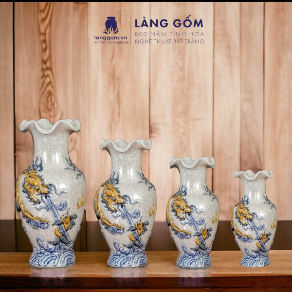 Bình hoa, lọ hoa bàn thờ miệng lượn, men rạn đắp nổi họa tiết Rồng, Chim Công Hoa Đào, Sen H24-60 cm