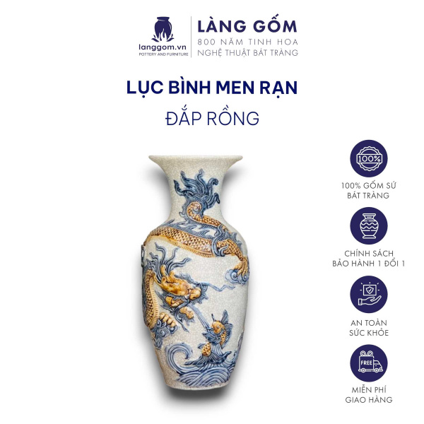Lộc Bình, Lục Bình Phong Thủy, Lọ Hoa Thờ Cúng Men Rạn Đắp Nổi Rồng, Sen, Chim Công Hoa Đào, 24-60 cm