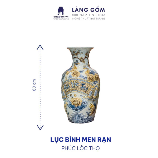Lộc Bình, Lục Bình Phong Thủy, Lọ Hoa Thờ Cúng Men Rạn Đắp Nổi Rồng, Sen, Chim Công Hoa Đào, 24-60 cm