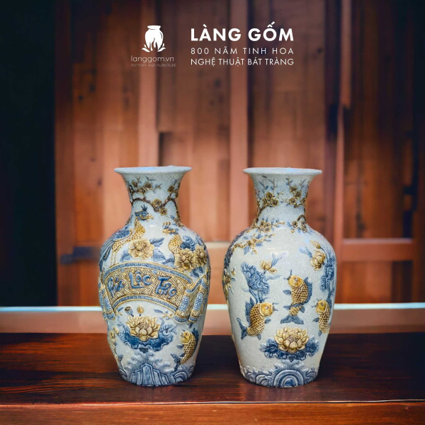 Lộc Bình, Lục Bình Phong Thủy, Lọ Hoa Thờ Cúng Men Rạn Đắp Nổi Rồng, Sen, Chim Công Hoa Đào, 24-60 cm
