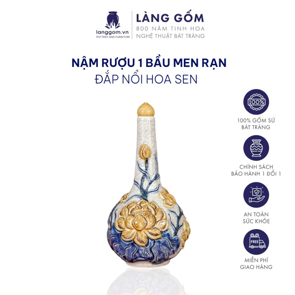 Nậm Rượu 1 Bầu Men Rạn Đắp Nổi Họa Tiết Sen, Rồng