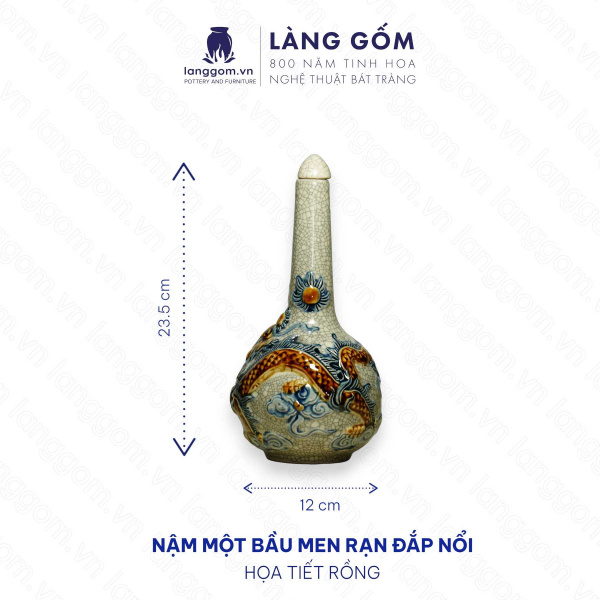 Nậm Rượu 1 Bầu Men Rạn Đắp Nổi Họa Tiết Sen, Rồng