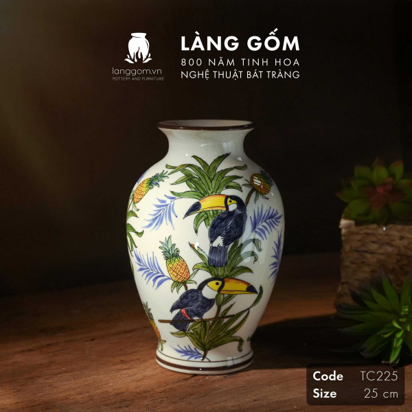 Lọ hoa vẽ tay men màu họa tiết chim Tu căng