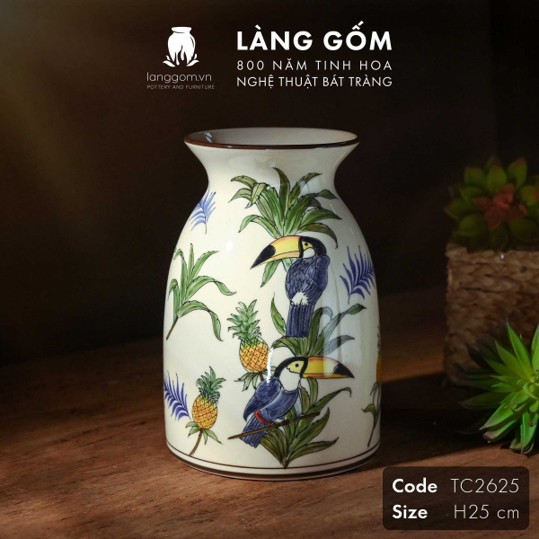 Lọ hoa vẽ tay men màu họa tiết chim Tu căng