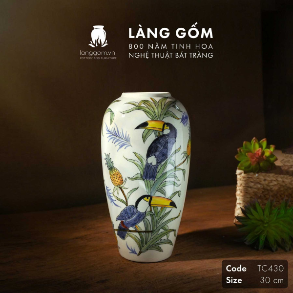 Lọ hoa vẽ tay men màu họa tiết chim Tu căng
