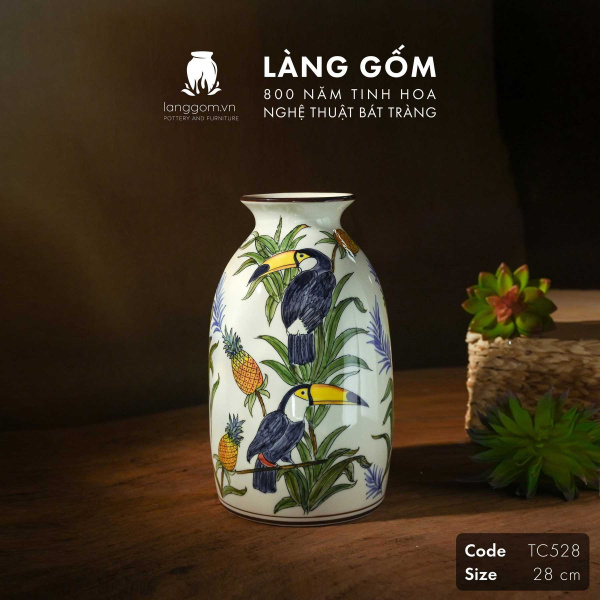 Lọ hoa vẽ tay men màu họa tiết chim Tu căng