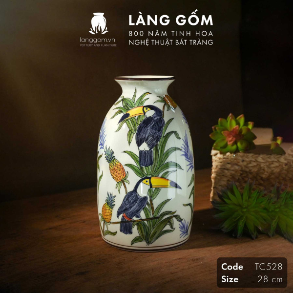 Lọ hoa vẽ tay men màu họa tiết chim Tu căng
