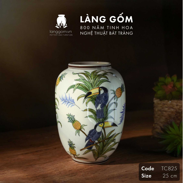 Lọ hoa vẽ tay men màu họa tiết chim Tu căng